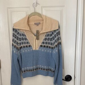 J. Crew Blue and Cream Patterned Turtleneck Sweater